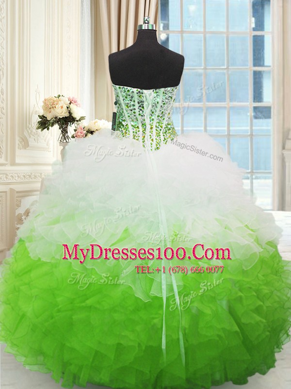 Inexpensive Sweetheart Sleeveless Organza Quince Ball Gowns Beading and Ruffles Lace Up