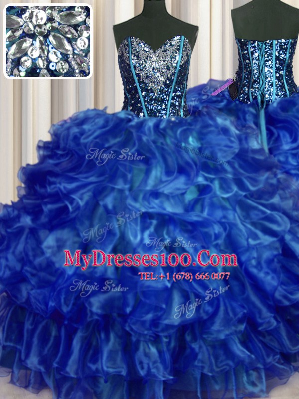 On Sale Royal Blue Sleeveless Organza Lace Up Quinceanera Gowns for Military Ball and Sweet 16 and Quinceanera