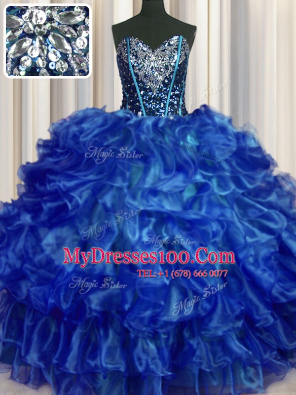 On Sale Royal Blue Sleeveless Organza Lace Up Quinceanera Gowns for Military Ball and Sweet 16 and Quinceanera