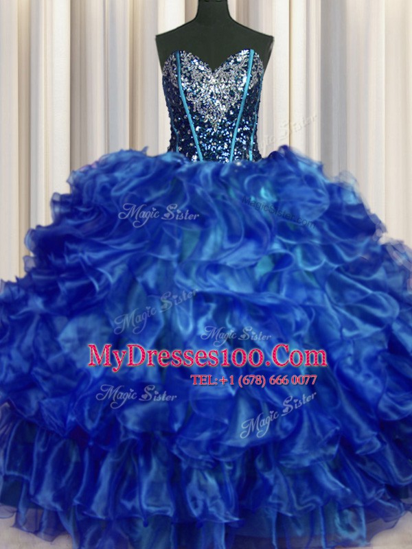 On Sale Royal Blue Sleeveless Organza Lace Up Quinceanera Gowns for Military Ball and Sweet 16 and Quinceanera
