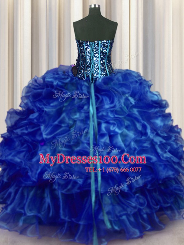 On Sale Royal Blue Sleeveless Organza Lace Up Quinceanera Gowns for Military Ball and Sweet 16 and Quinceanera