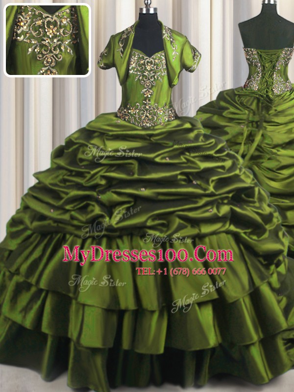 Olive Green Short Sleeves Brush Train Ruffled Layers With Train 15 Quinceanera Dress