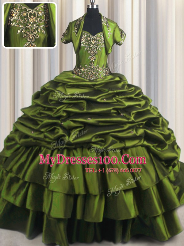 Olive Green Short Sleeves Brush Train Ruffled Layers With Train 15 Quinceanera Dress