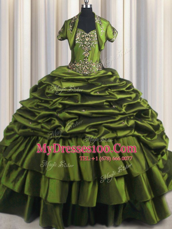 Olive Green Short Sleeves Brush Train Ruffled Layers With Train 15 Quinceanera Dress