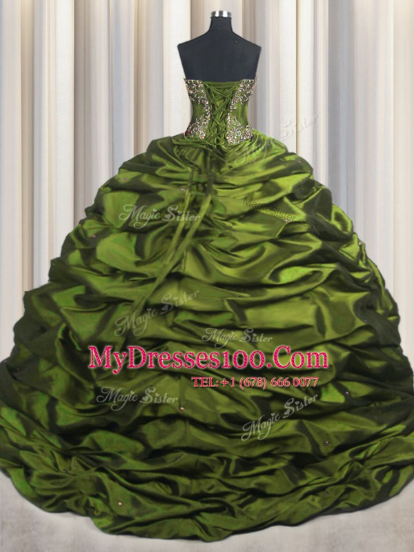 Olive Green Short Sleeves Brush Train Ruffled Layers With Train 15 Quinceanera Dress