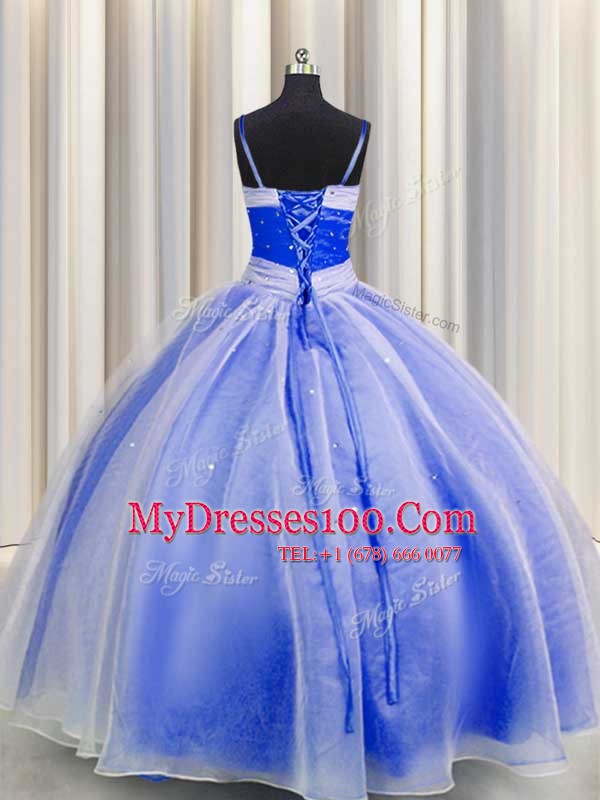 Sequins Ball Gowns Quinceanera Dress Blue And White Spaghetti Straps Organza Sleeveless Floor Length Lace Up