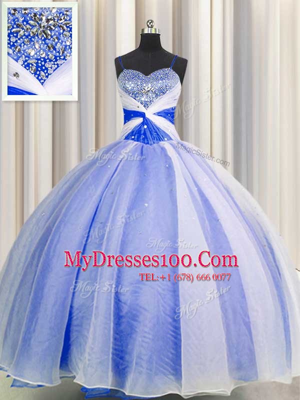 Sequins Ball Gowns Quinceanera Dress Blue And White Spaghetti Straps Organza Sleeveless Floor Length Lace Up
