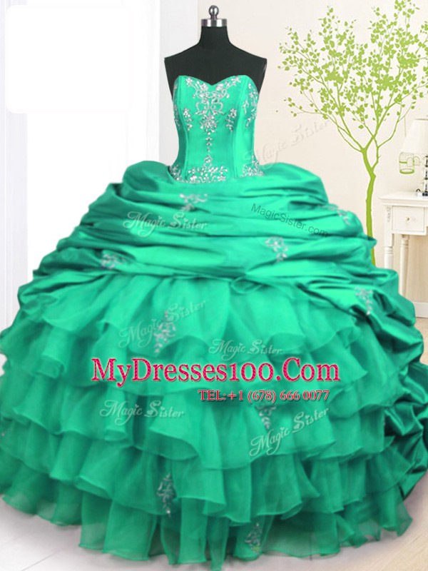 Decent Sleeveless Brush Train Beading and Appliques and Ruffled Layers and Pick Ups Lace Up Ball Gown Prom Dress