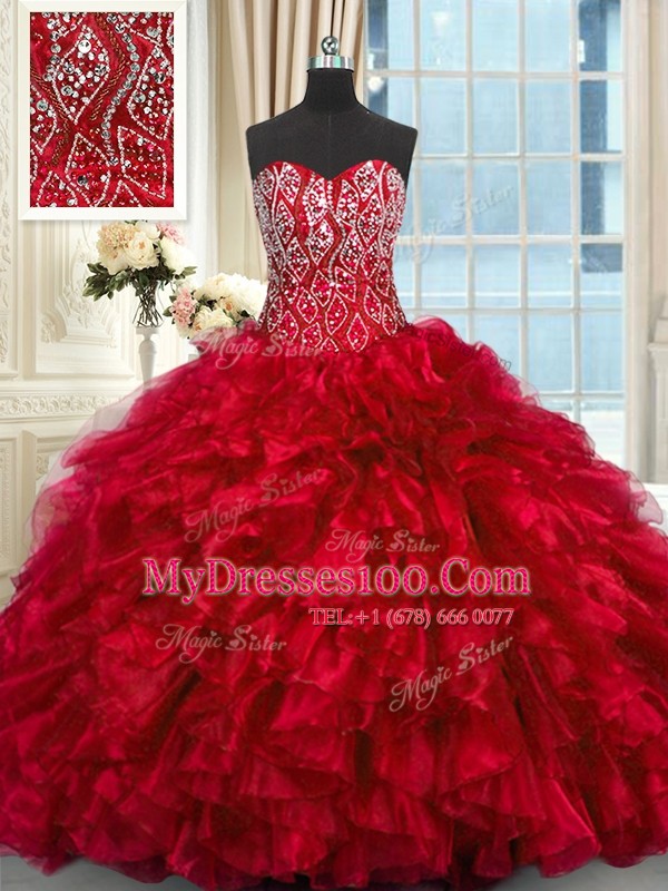 Customized Red Quinceanera Dresses Sweetheart Sleeveless Brush Train Lace Up