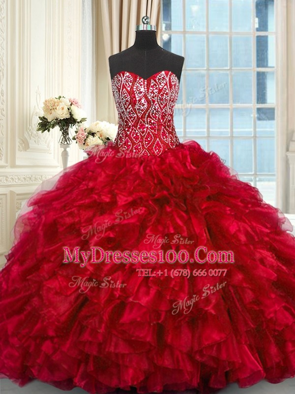 Customized Red Quinceanera Dresses Sweetheart Sleeveless Brush Train Lace Up