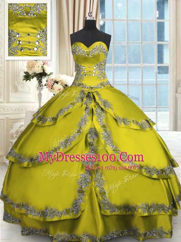 Sleeveless Taffeta Floor Length Lace Up Vestidos de Quinceanera in Olive Green with Beading and Appliques and Ruffled Layers