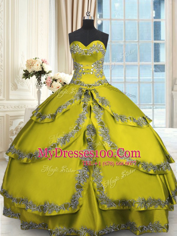 Sleeveless Taffeta Floor Length Lace Up Vestidos de Quinceanera in Olive Green with Beading and Appliques and Ruffled Layers