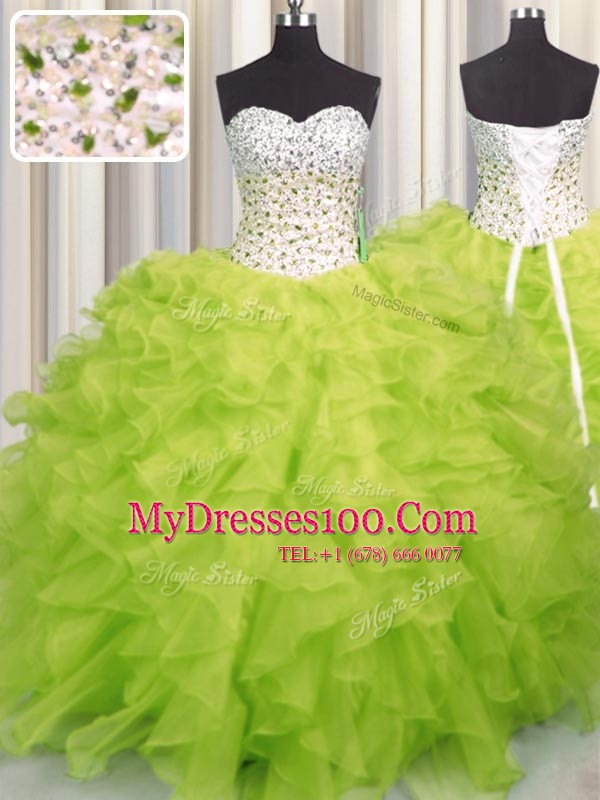 New Style Beading and Ruffles Vestidos de Quinceanera Yellow Green Lace Up Sleeveless Floor Length