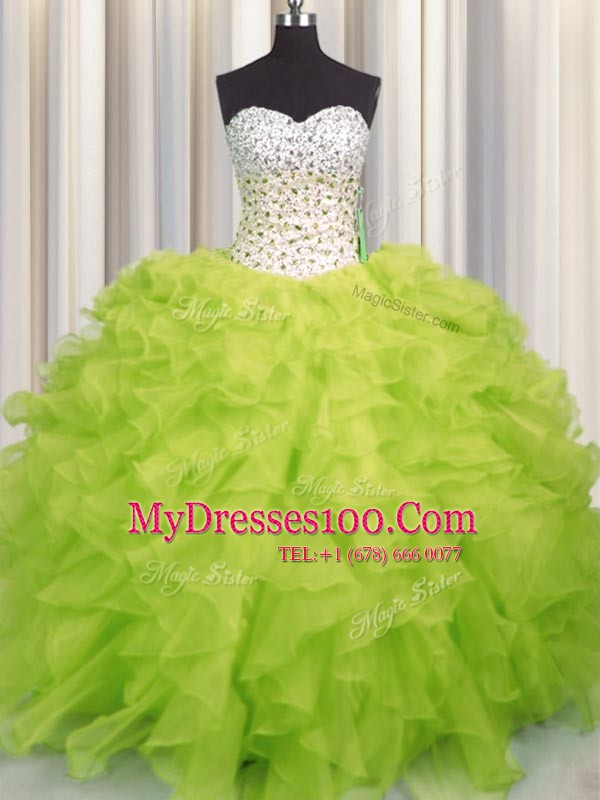 New Style Beading and Ruffles Vestidos de Quinceanera Yellow Green Lace Up Sleeveless Floor Length
