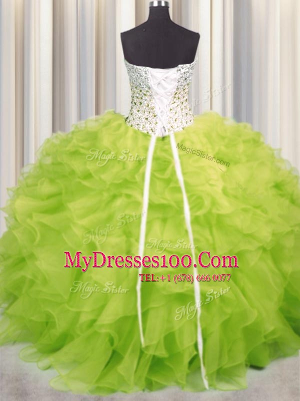 New Style Beading and Ruffles Vestidos de Quinceanera Yellow Green Lace Up Sleeveless Floor Length