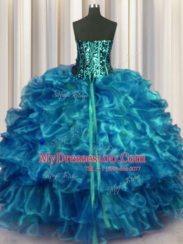 Organza Sleeveless Floor Length Quinceanera Dress and Beading and Ruffles