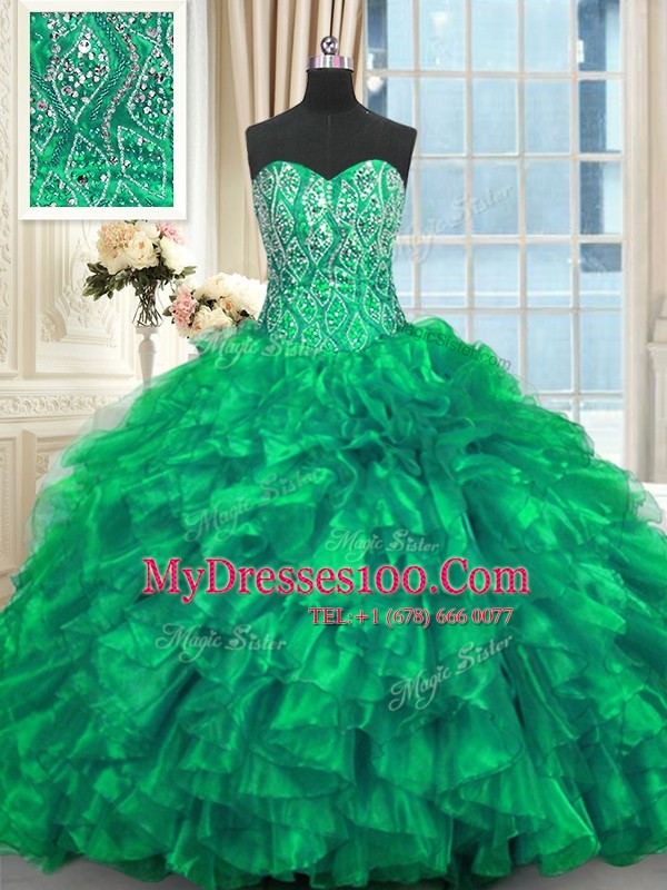 Sophisticated Turquoise Sleeveless Organza Brush Train Lace Up Sweet 16 Dress for Military Ball and Sweet 16 and Quinceanera