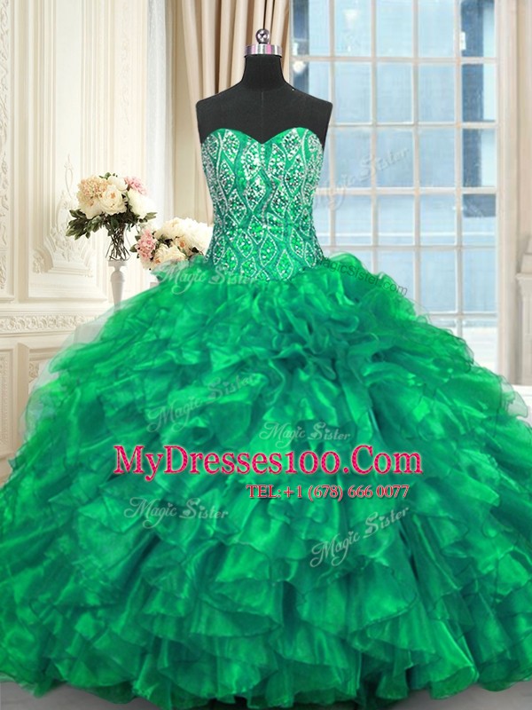 Sophisticated Turquoise Sleeveless Organza Brush Train Lace Up Sweet 16 Dress for Military Ball and Sweet 16 and Quinceanera
