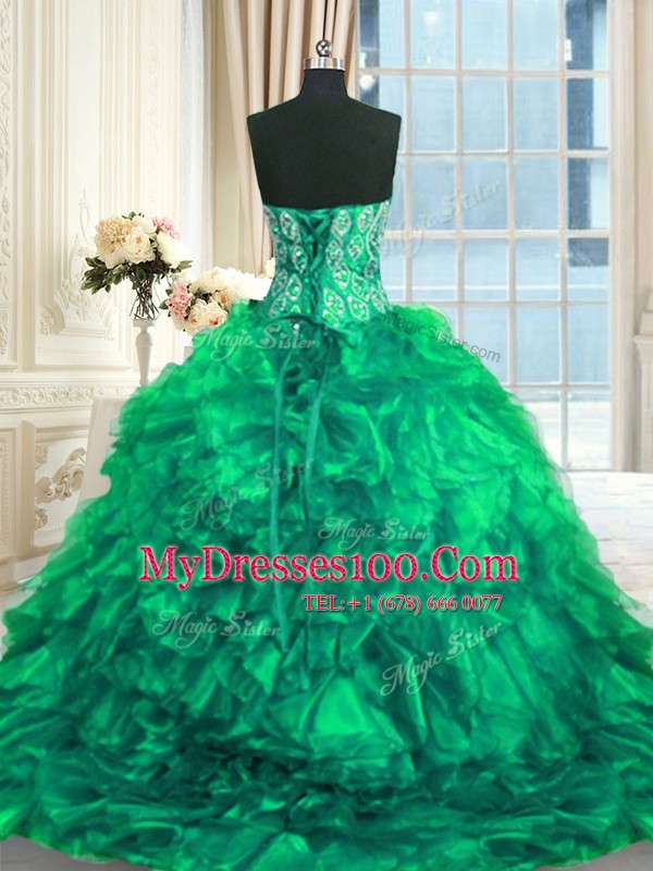 Sophisticated Turquoise Sleeveless Organza Brush Train Lace Up Sweet 16 Dress for Military Ball and Sweet 16 and Quinceanera