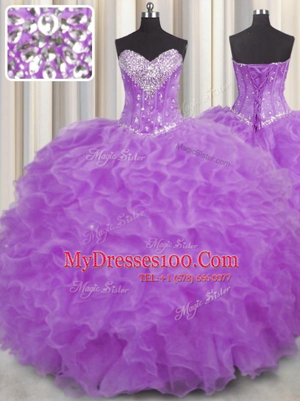 Stunning Halter Top Sleeveless Organza Floor Length Lace Up Quinceanera Gowns in Purple with Beading and Ruffles