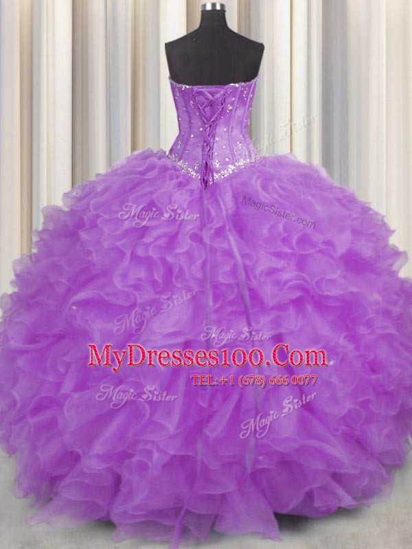 Stunning Halter Top Sleeveless Organza Floor Length Lace Up Quinceanera Gowns in Purple with Beading and Ruffles