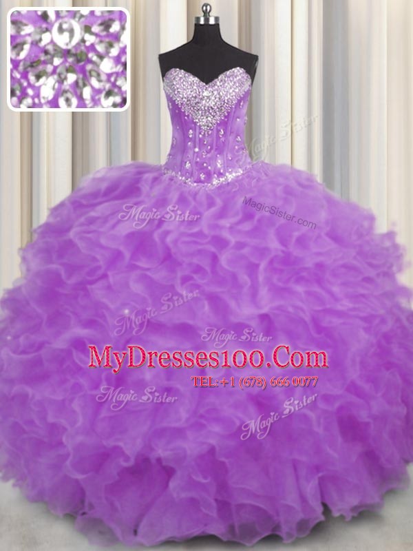 Stunning Halter Top Sleeveless Organza Floor Length Lace Up Quinceanera Gowns in Purple with Beading and Ruffles