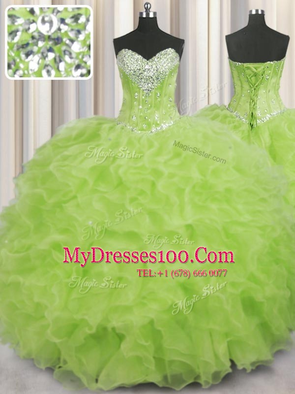Yellow Green Sweetheart Neckline Beading and Ruffles Quinceanera Dress Sleeveless Lace Up