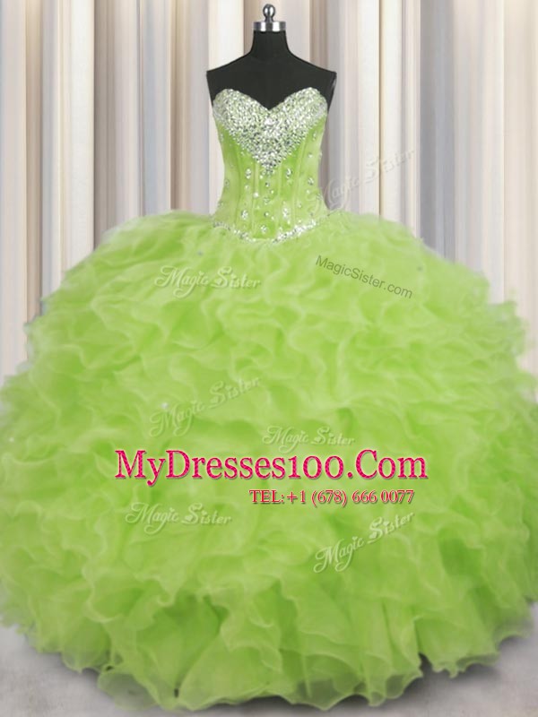 Yellow Green Sweetheart Neckline Beading and Ruffles Quinceanera Dress Sleeveless Lace Up