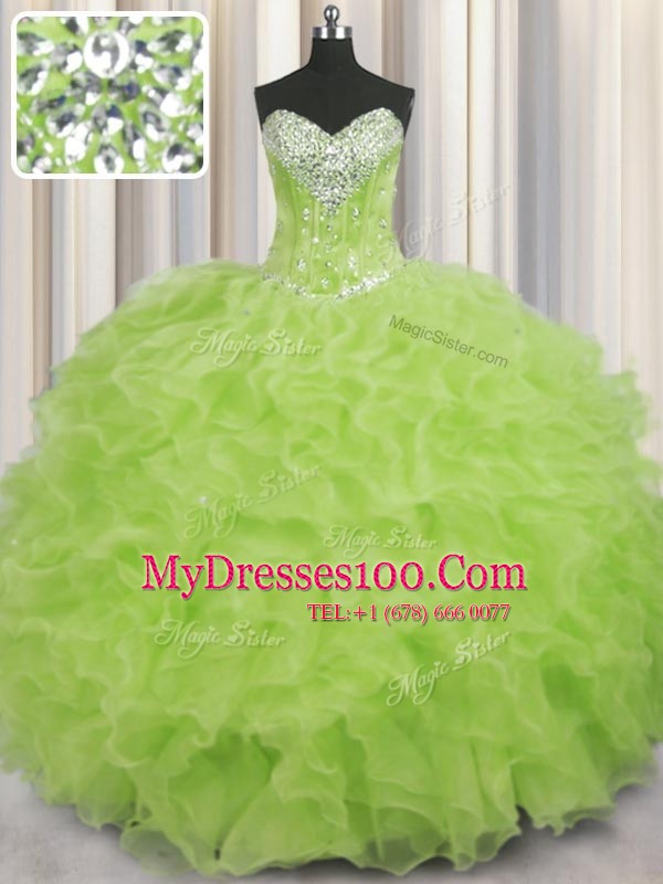 Yellow Green Sweetheart Neckline Beading and Ruffles Quinceanera Dress Sleeveless Lace Up