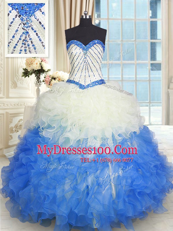 Amazing Floor Length Lace Up Quinceanera Dresses Blue And White for Military Ball and Sweet 16 and Quinceanera with Beading and Ruffles