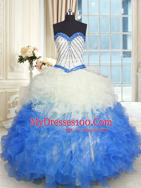 Amazing Floor Length Lace Up Quinceanera Dresses Blue And White for Military Ball and Sweet 16 and Quinceanera with Beading and Ruffles