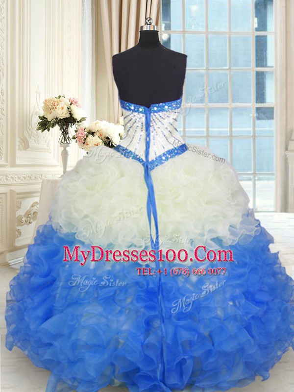 Amazing Floor Length Lace Up Quinceanera Dresses Blue And White for Military Ball and Sweet 16 and Quinceanera with Beading and Ruffles
