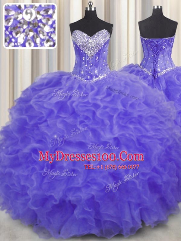 Vintage Lavender Ball Gowns Sweetheart Sleeveless Organza Floor Length Lace Up Beading and Ruffles Quinceanera Gowns