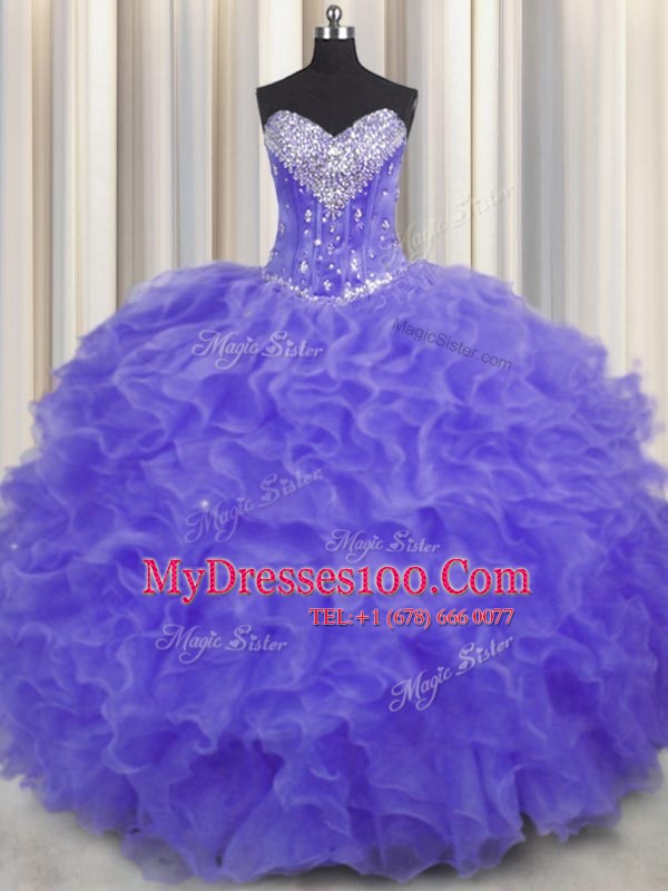 Vintage Lavender Ball Gowns Sweetheart Sleeveless Organza Floor Length Lace Up Beading and Ruffles Quinceanera Gowns
