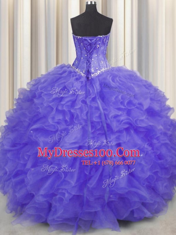 Vintage Lavender Ball Gowns Sweetheart Sleeveless Organza Floor Length Lace Up Beading and Ruffles Quinceanera Gowns