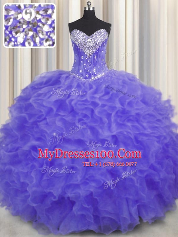 Vintage Lavender Ball Gowns Sweetheart Sleeveless Organza Floor Length Lace Up Beading and Ruffles Quinceanera Gowns