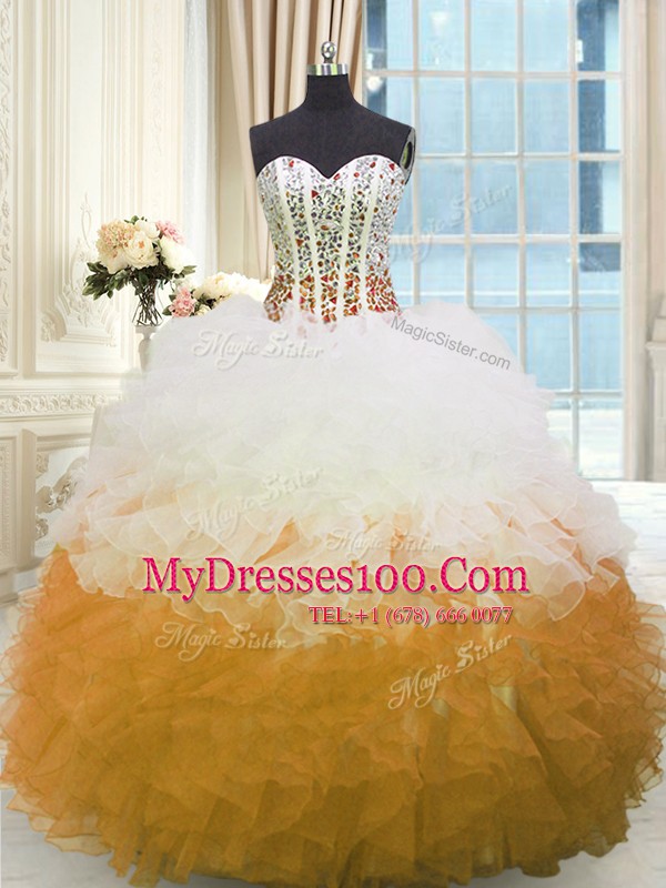 Organza Sleeveless Floor Length 15 Quinceanera Dress and Beading and Ruffles