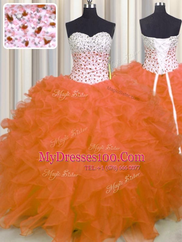 Great Sweetheart Sleeveless Ball Gown Prom Dress Floor Length Beading and Ruffles Orange Red Organza