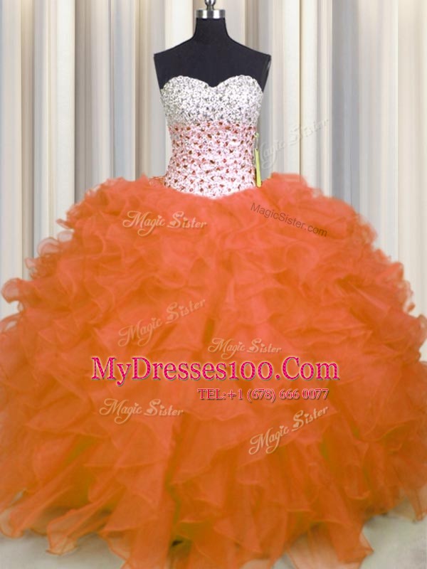 Great Sweetheart Sleeveless Ball Gown Prom Dress Floor Length Beading and Ruffles Orange Red Organza