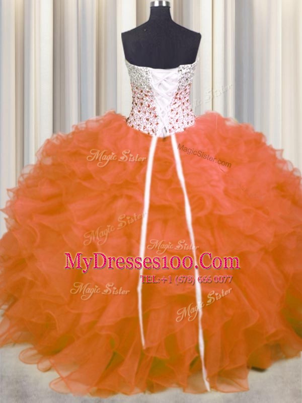 Great Sweetheart Sleeveless Ball Gown Prom Dress Floor Length Beading and Ruffles Orange Red Organza
