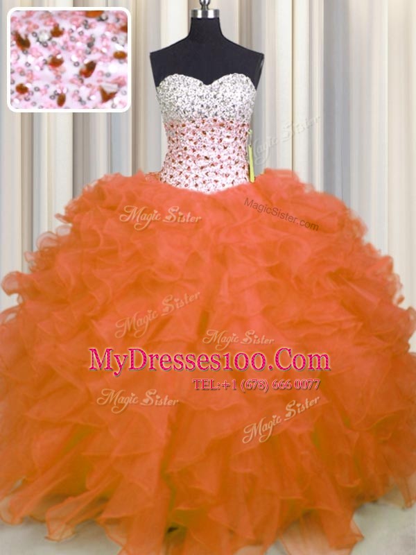 Great Sweetheart Sleeveless Ball Gown Prom Dress Floor Length Beading and Ruffles Orange Red Organza
