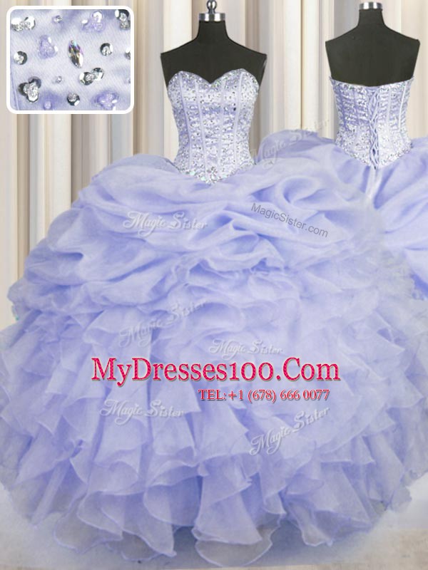 Inexpensive Lavender Ball Gowns Beading and Ruffles 15 Quinceanera Dress Lace Up Organza Sleeveless Floor Length