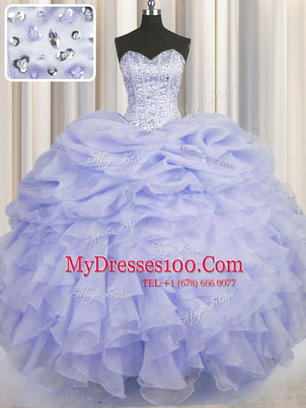 Inexpensive Lavender Ball Gowns Beading and Ruffles 15 Quinceanera Dress Lace Up Organza Sleeveless Floor Length
