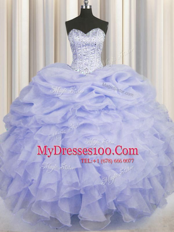 Inexpensive Lavender Ball Gowns Beading and Ruffles 15 Quinceanera Dress Lace Up Organza Sleeveless Floor Length