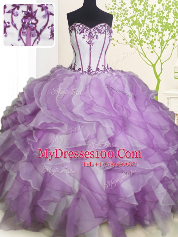 Fancy White And Purple Organza Lace Up Sweetheart Sleeveless Floor Length Sweet 16 Dress Beading and Ruffles