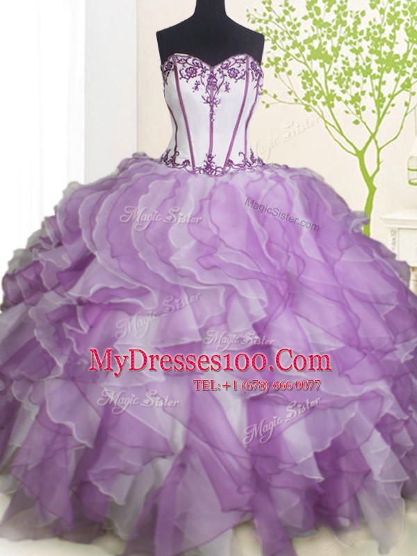 Fancy White And Purple Organza Lace Up Sweetheart Sleeveless Floor Length Sweet 16 Dress Beading and Ruffles