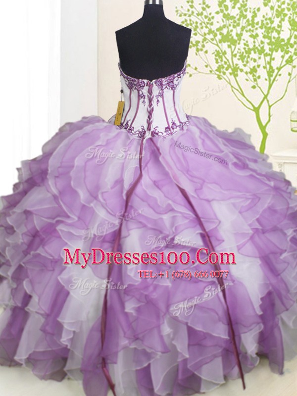 Fancy White And Purple Organza Lace Up Sweetheart Sleeveless Floor Length Sweet 16 Dress Beading and Ruffles
