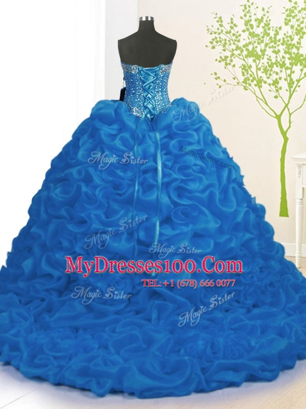 Shining Sleeveless Brush Train Beading and Ruffles Lace Up Quinceanera Gown