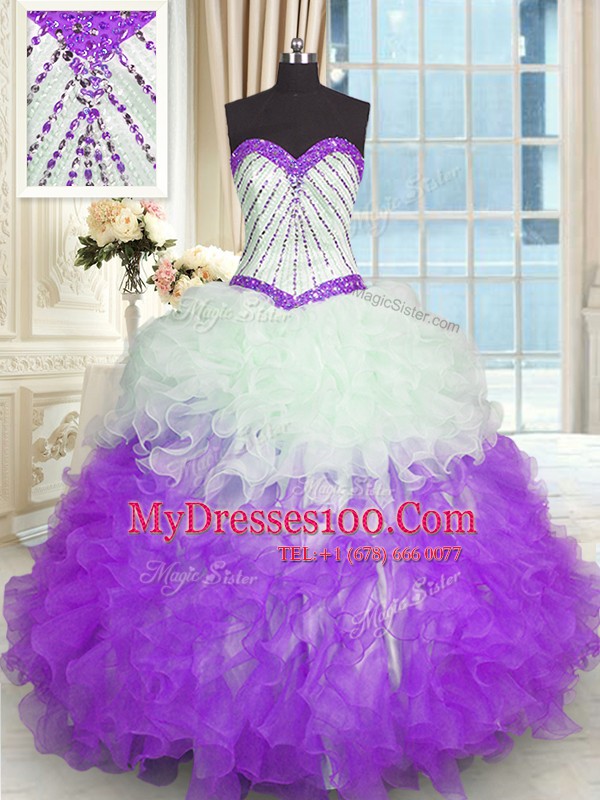 Floor Length White And Purple Quinceanera Dress Sweetheart Sleeveless Lace Up