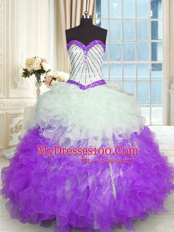 Floor Length White And Purple Quinceanera Dress Sweetheart Sleeveless Lace Up